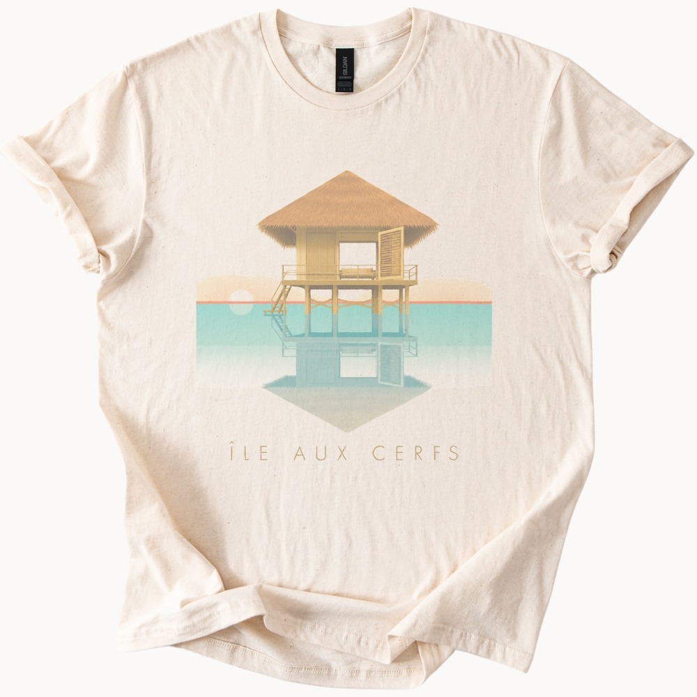 Tropical Paradise Graphic Tee with Charming Overwater Bungalow Design